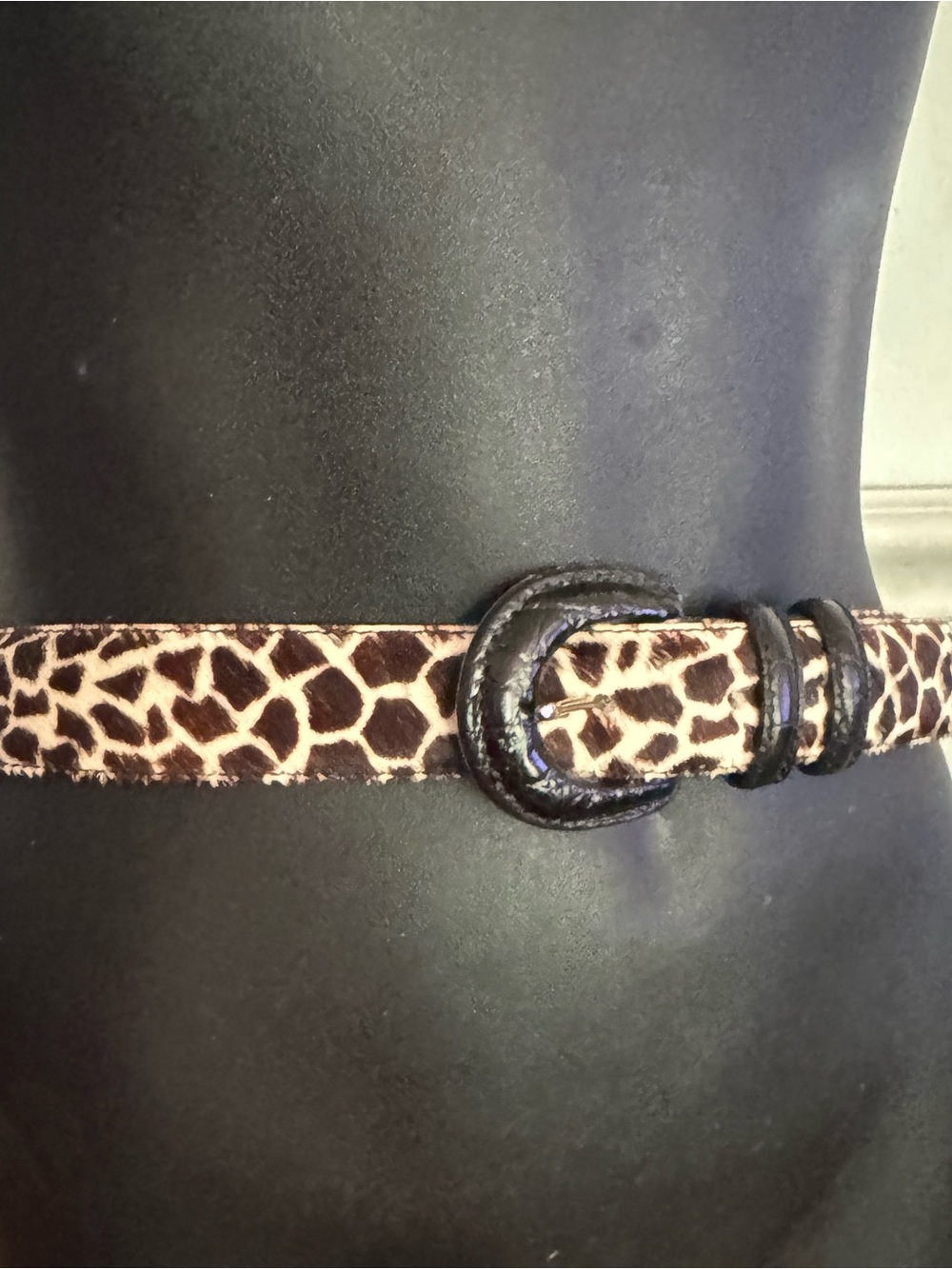 Giraffe print cow hide and leather belt